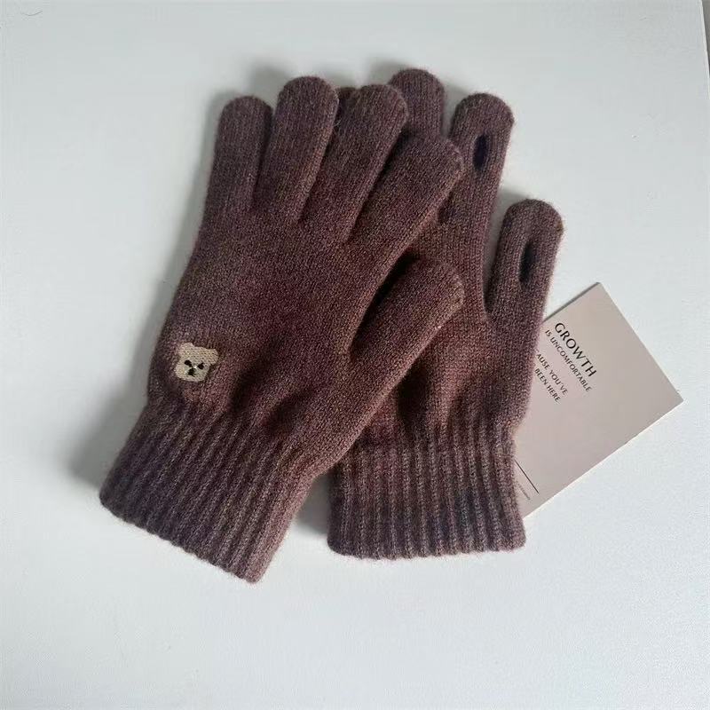 Women's Wool Gloves In Autumn and Winter Korean Cute Bear Embroidery Knitted Touch Screen Student Warm Riding Gloves Windproof