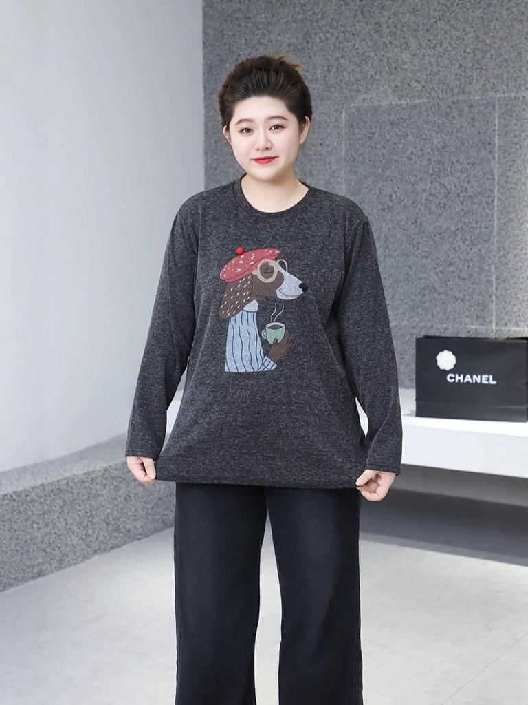 2023 Winter Korean Style Loose Casual Round Neck Puppy Print Pullover Plus Size Women's Top