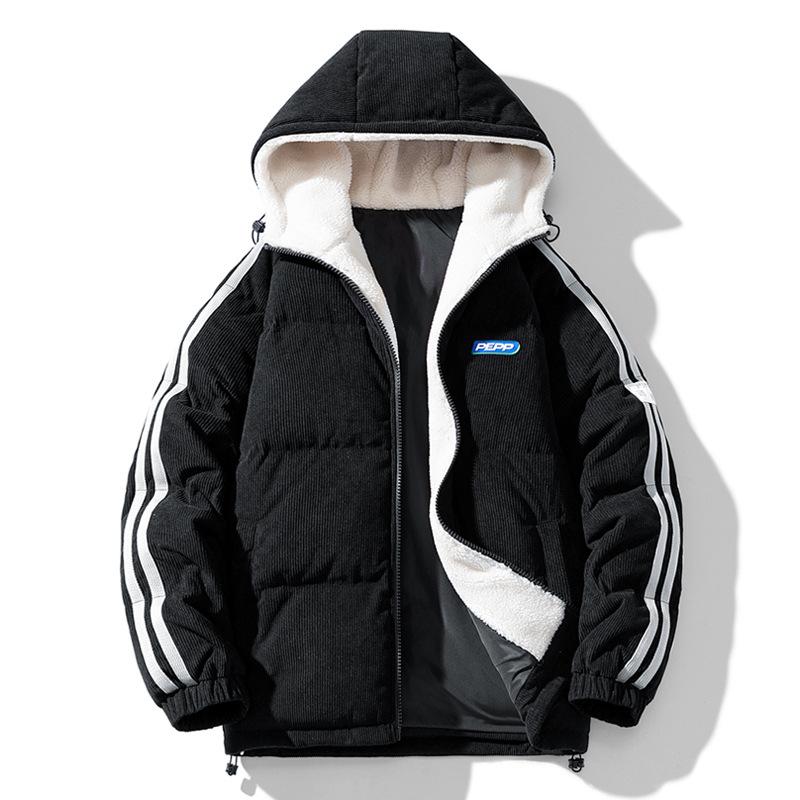 Winter Herren Koreanischer Stil Verdickt Warm Mit Kapuze Lammfell Samt Locker Auto Logo Baumwollmantel Trendig Paar Corduroy Baumwollmantel