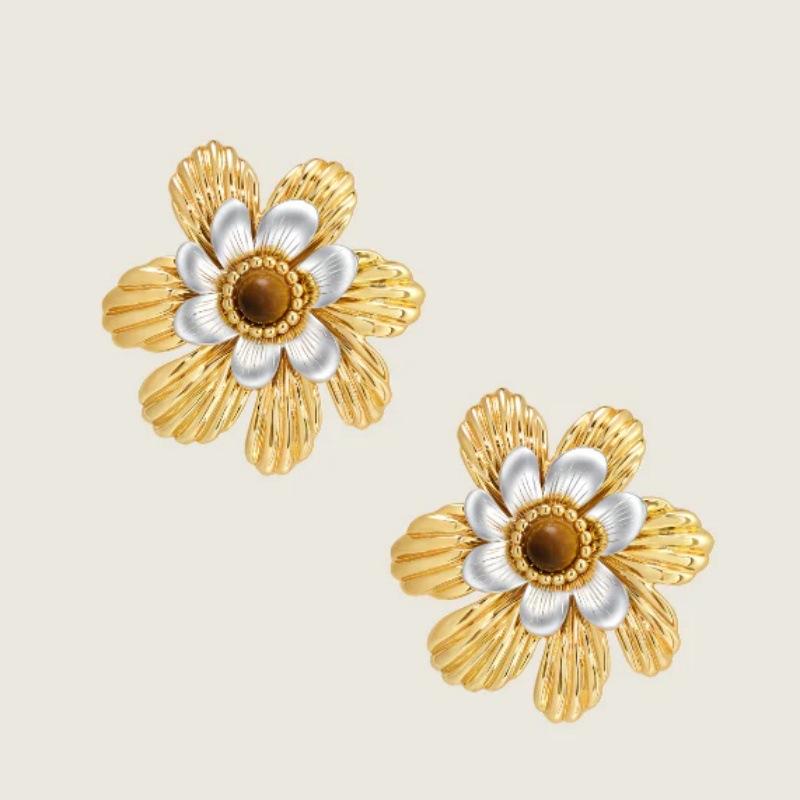 Spring Retro Fashion Gold And Silver Color Matching Flower Removable Multi-Wear Earrings S925 Silver Needle Stud Earrings Trendy Temperament Earrings