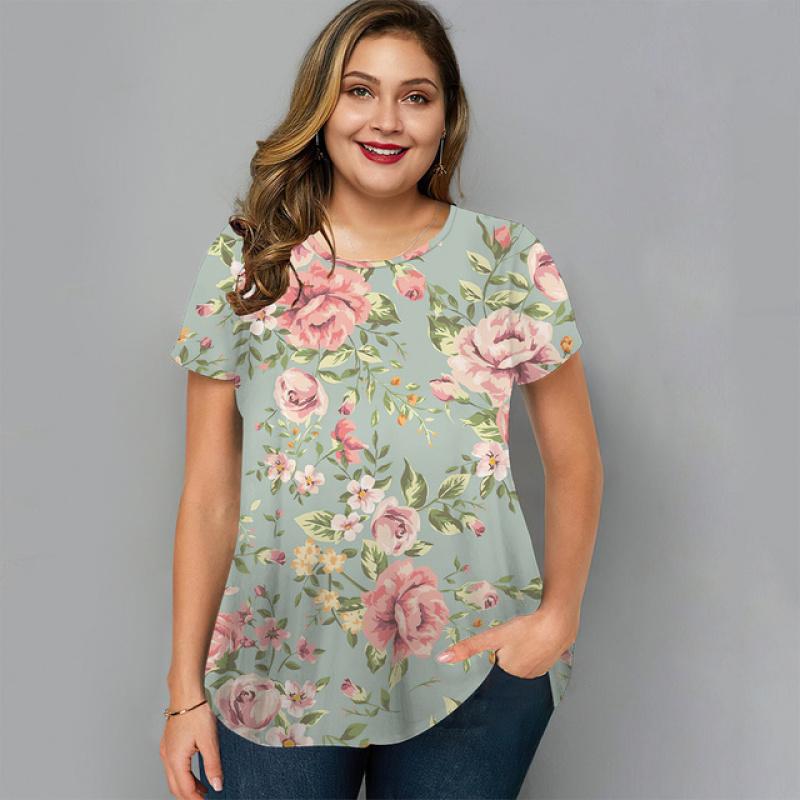 Summer O-Neck Womens T-Shirt Oversized Clothes Harajuku Casual Loose Top Floral Print Funny T-Shirt for Ladies Pullover Street