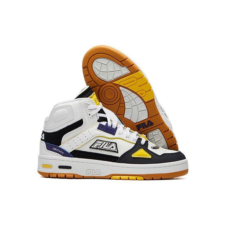 Fila Teratach Synthetic Leather Comfortable Versatile Daily High-Top Retro Basketball Shoes Women Sneaker White Black Yellow F12W111211FBB