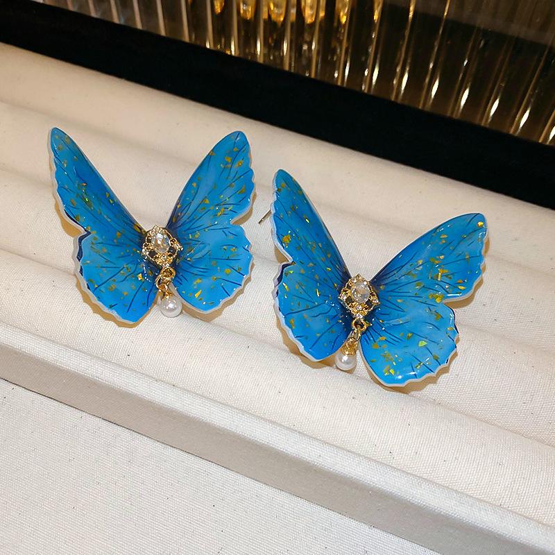 Silver Needle Butterfly Heart Earrings with Blue Gradient Drip - Elegant Autumn/Winter Studs