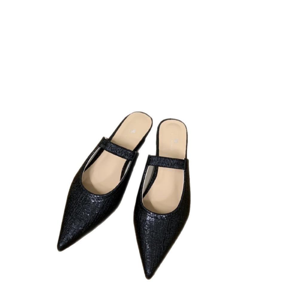 French Inner Heightening Pointed Toe Bag Head Half Slippers Women'S Outer Wear Spring And Summer Muller Shoes Mary Jane Sandals