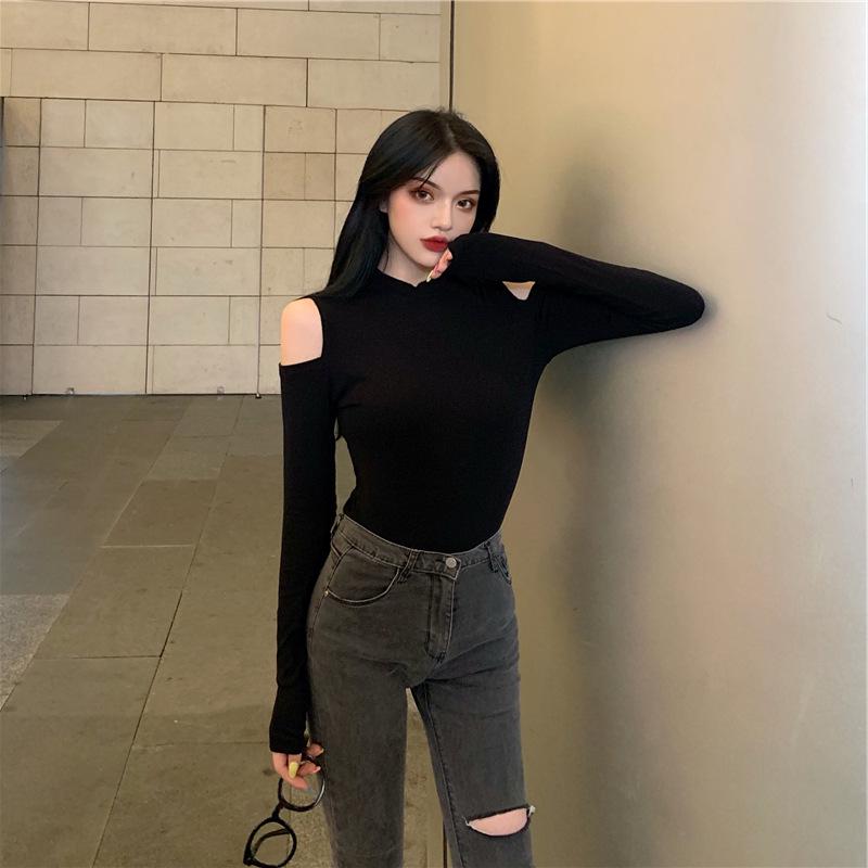 Autumn Korean Style Women's Off-Shoulder Long Sleeve T-Shirt - Trendy, Sexy, Slim Fit Cotton Top