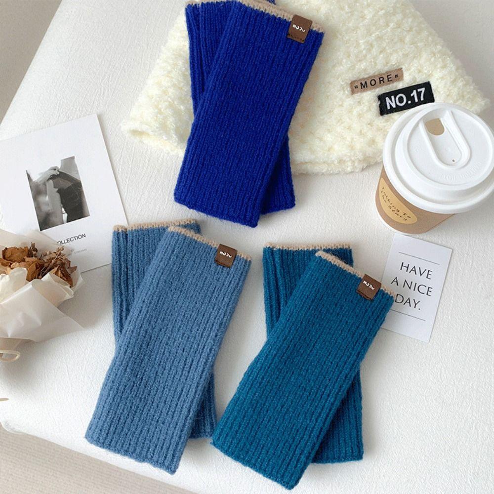 Cute Knitted Warm Half Finger Knitted Gloves Fingerless Solid Color Winter Fingerless Gloves Cashmere Thumb Hole Short Gloves