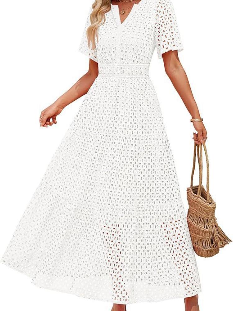 Damen V-Ausschnitt Spitze Kurzarm Maxi Kleid mit ausgestelltem Saum, Erhältlich in mehreren Farben