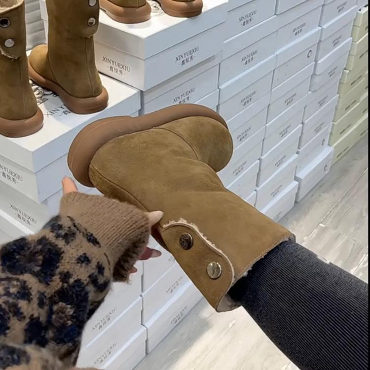 European matte leather lamb wool shoes lapel two wear snow cotton boots short boots thin little Boken women's shoes