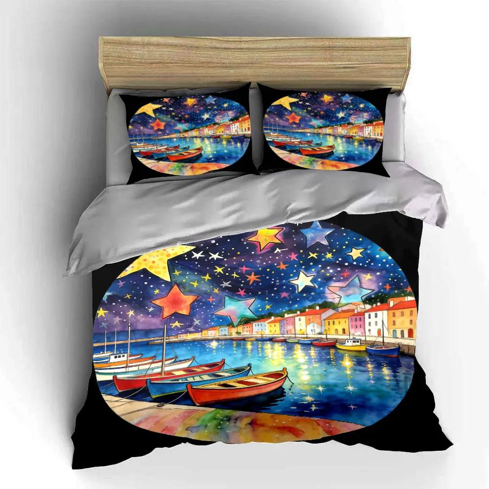Starry Night Harbor Decoration Set Soft Comfortable Duvet Cover Bedding Set Included 1*Duvet Cover & 2*Pillowcases gift