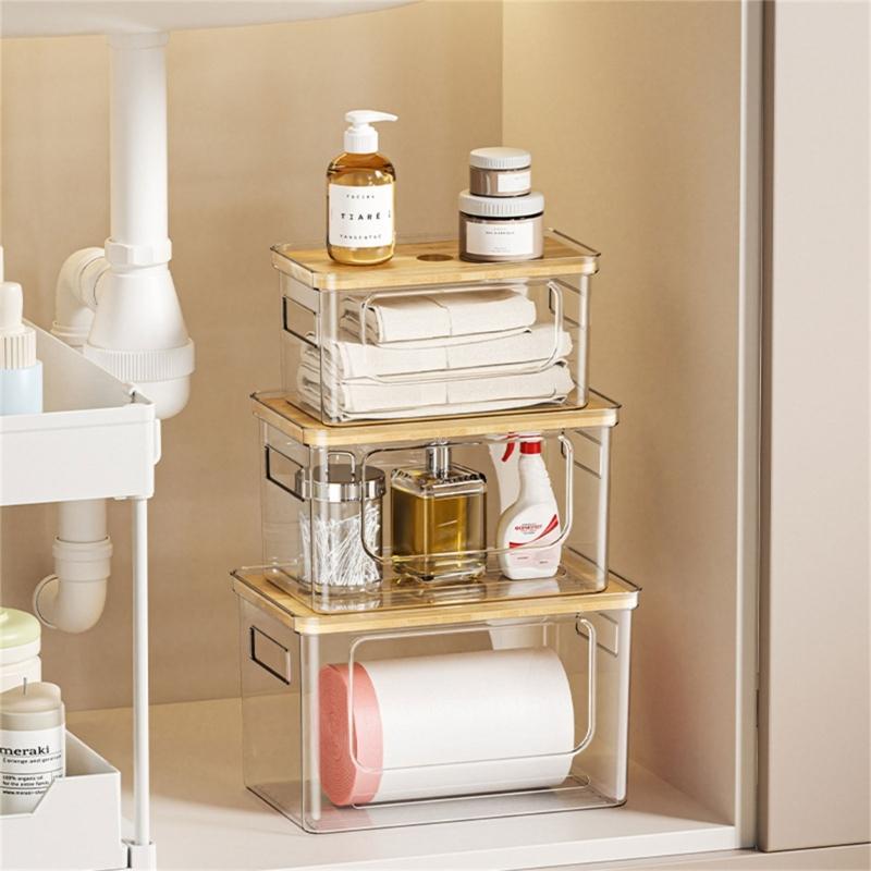 Clear Plastic Waste Bag Dispenser Organizers Featuring User Friendly Bamboos Cover And Spacious Design