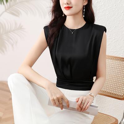Kurzärmeliges T-Shirt für Damen Im Sommer Neu Träger und Taille Kurzes Top Ärmelloses Satinhemd