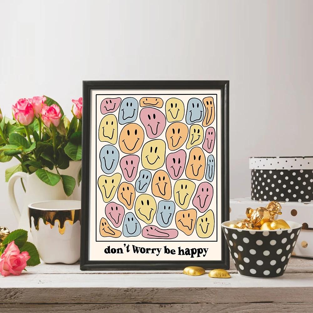 Solid Wood Frame Nordic Modern Don't Worry Be Happy Face Wall Art Posters And Print Dream Smile Canvas Painting Aesthetic Living Room Home Decor
