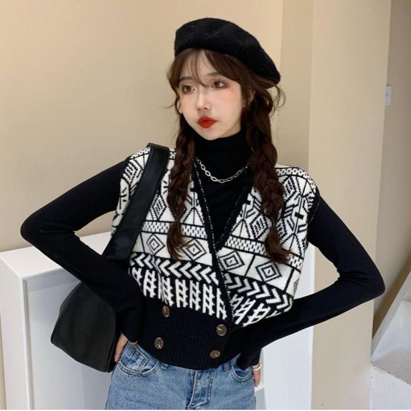 Vintage V-neck Vest Sweater Cardigan Outerwear Women Sweater Autumn 2023 Casual Loose Short Outerwear Sweater Vest Female Top
