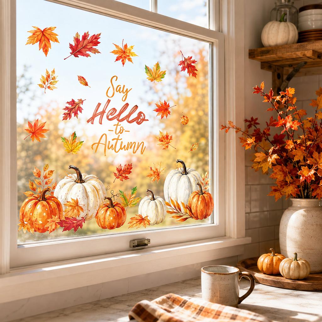 Thanksgiving Window Clings Static Cling Glass Stickers Removable Pumpkin Maple Leaf Party Holiday Decorations