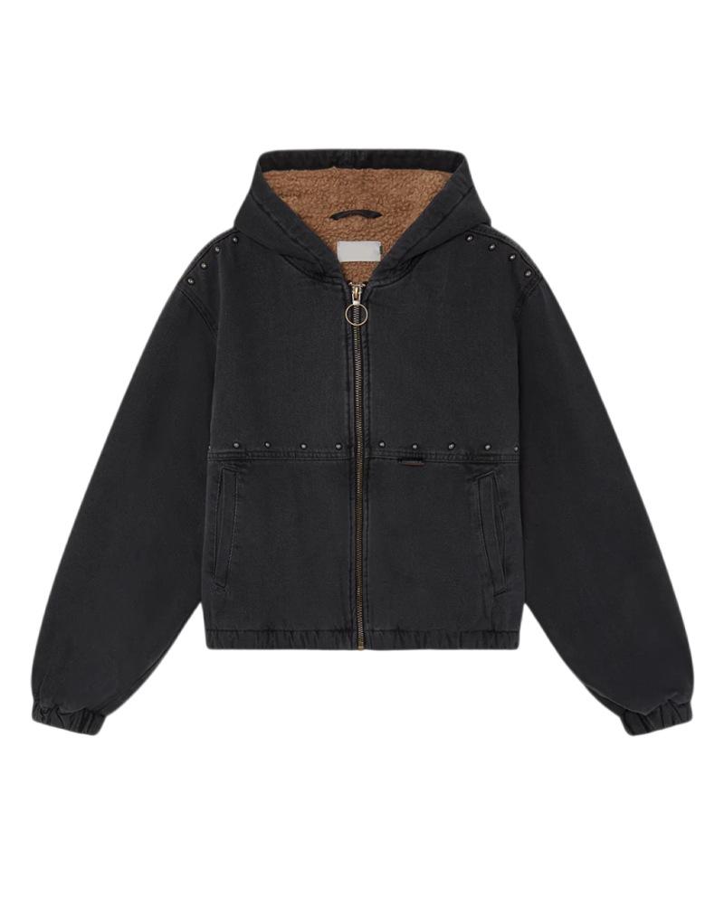 2025 Winter Faux Denim Fleece-Lined Hooded Jacket with Zipper and Pockets M чёрный
