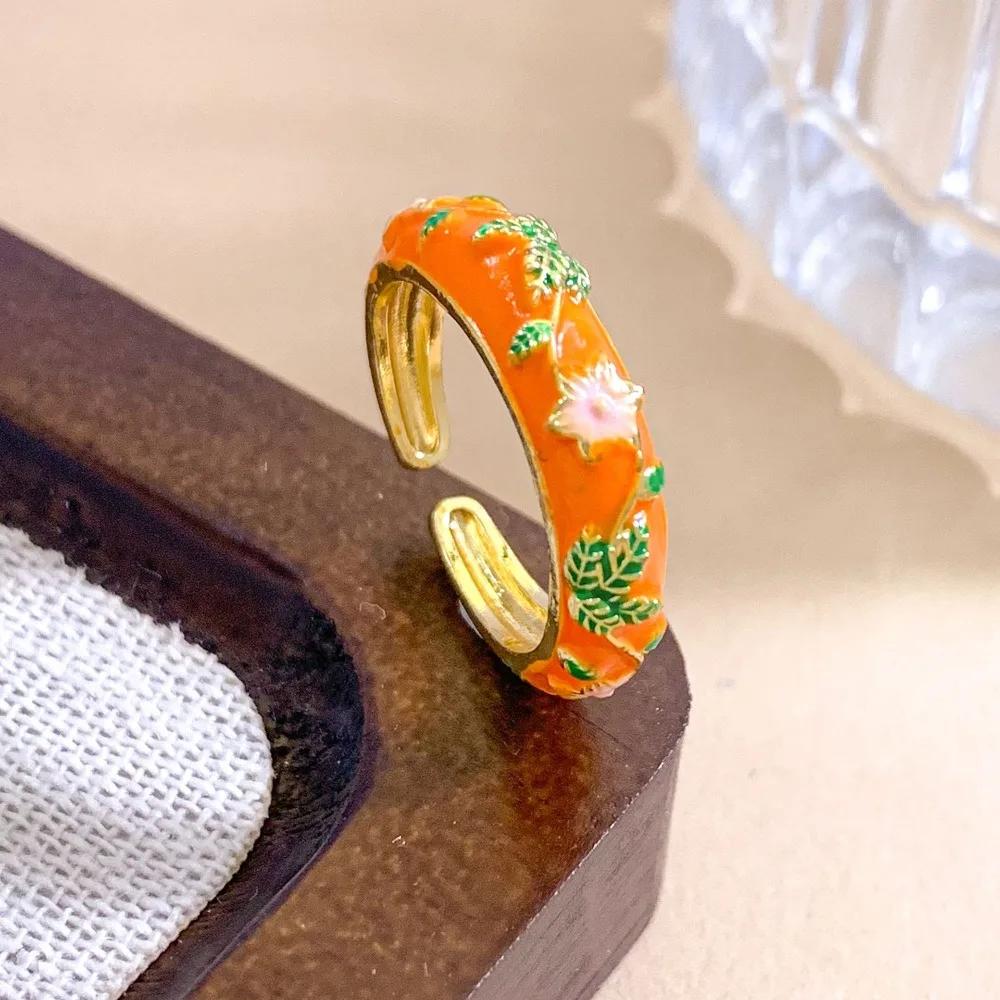 

Blue Flower Enamel Drip Oil Ring Chinese Style Vintage Blue and White Porcelain Ring Elegant Daily Jewelry Cuff Ring