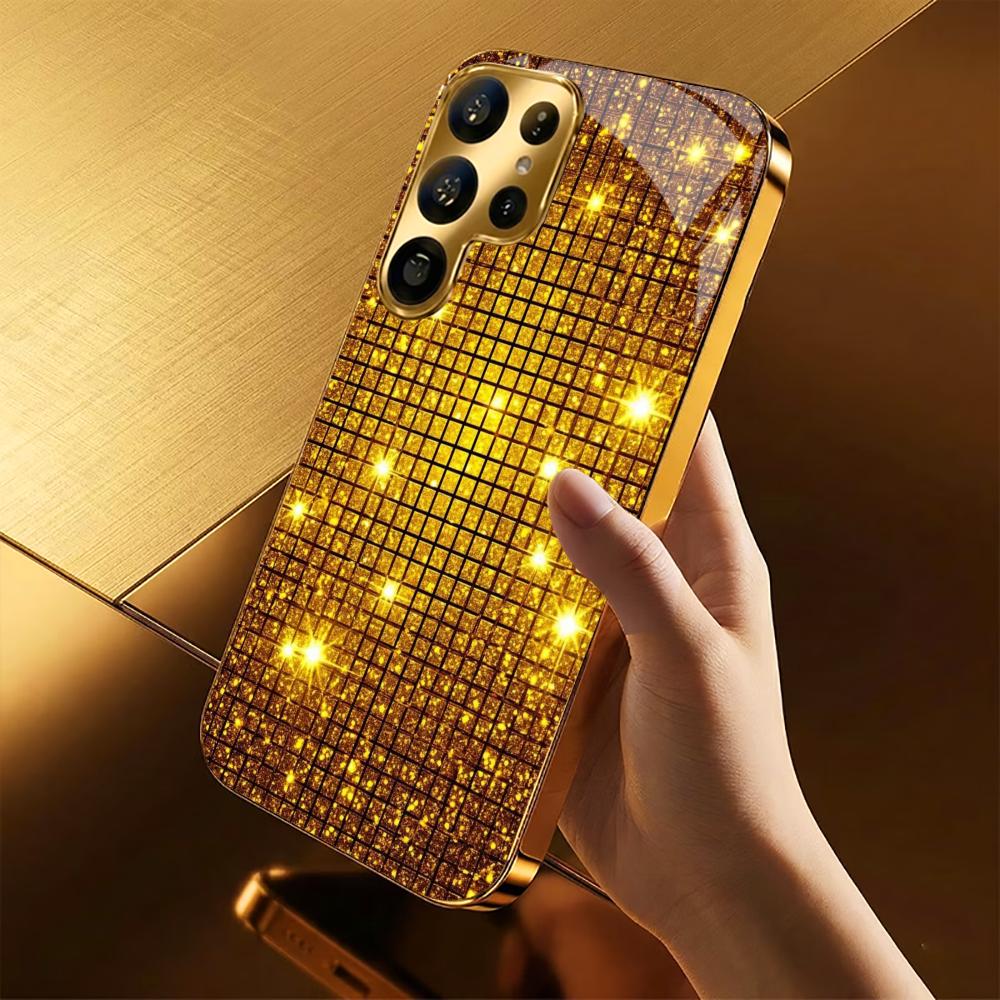 Goldenes Karomuster Glas Handyhülle für Samsung Galaxy S26 S25 S24 S23 S22 FE Ultra Plus Integriertes Glas Gold Exquisit