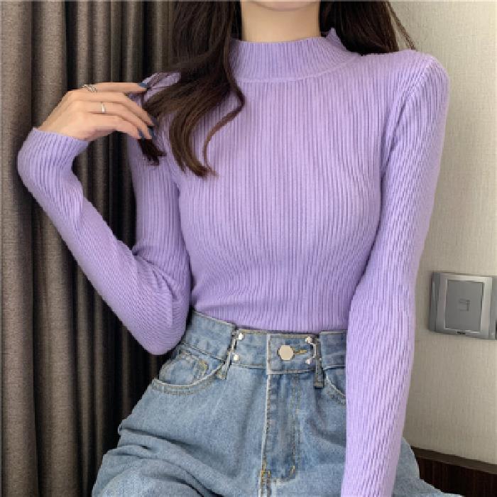 Women's Slim Fit High Neck Sweater: Korean Style, Long Sleeve Knit Top for Autumn/Winter 2024