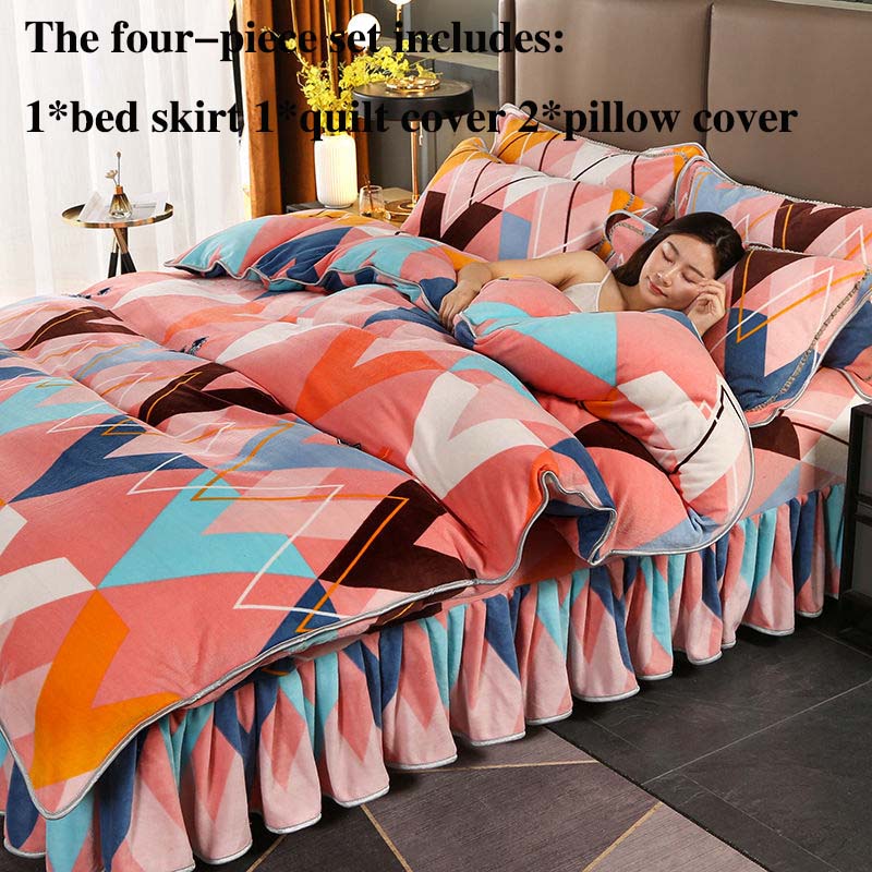 Milk Velvet Four-piece Suit Plus Velvet Thickening Soft Skin-friendly Bedding Double-sided Velvet Bed Skirt Is Resistant To Dirty Winter