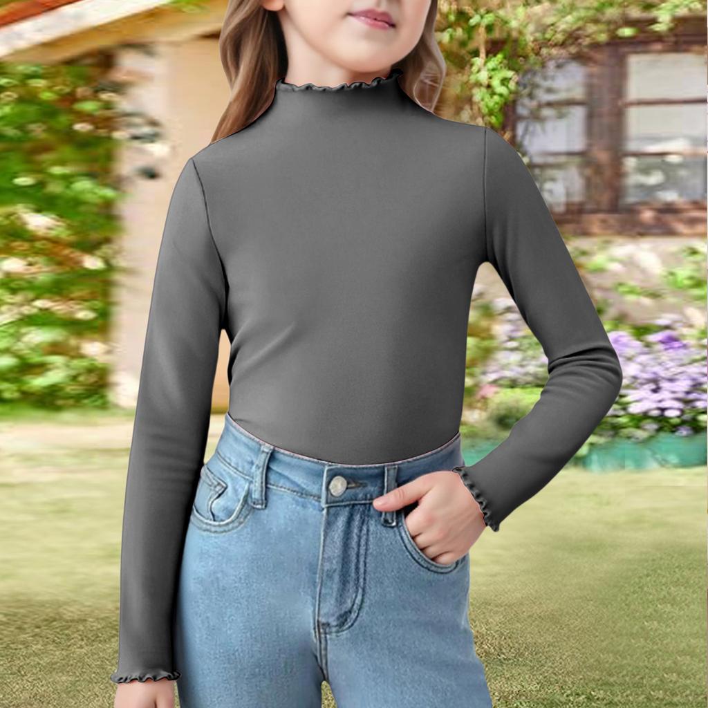 Girls' Ruffle Trim Tee - Color Long Sleeve Blouse