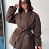 Womens Warm Loose Cotton Blend Coat With Drawstring Solid Color Casual Ethnic Style Winter Jacket