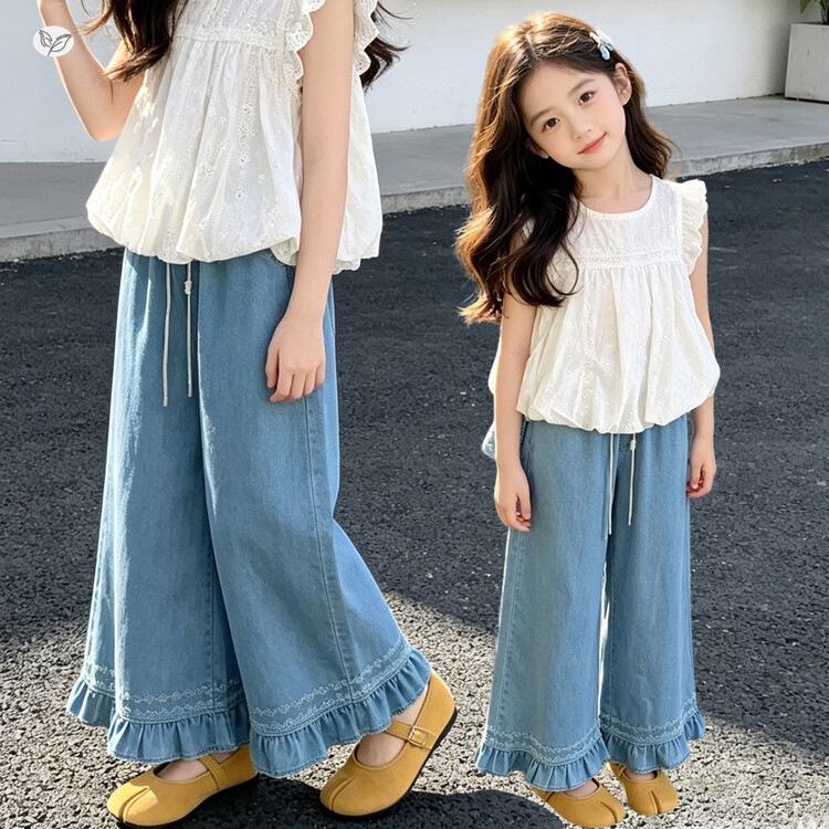 Girls' Wide Leg Tencel Jeans - Summer 2026 Korean Style Casual Cropped Pants for Junior High School Students