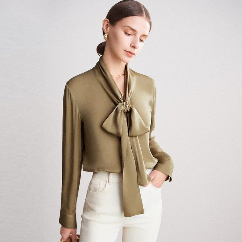 

Женская рубашка с шелковым галстуком-лентой - Весна/Лето 2025 Топ из шелка тутового дерева с длинным рукавом L, 110-120 lbs, height 170cm