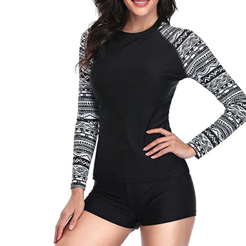 Women Two Pieces Vintage Print Rash Guard Swimwear Long Sleeve Shirt Shorts Surf Top Retro Print Running Shirt Split Swimsuit