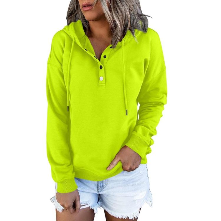 Women Fashion Long Sleeve Casual Solid Color Hooded Sweatshirt Top with Button Front