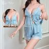 Beautiful yarn sexy women's ice silk suspender shorts set front lace-up pure desire wind belt chest pad lace suit