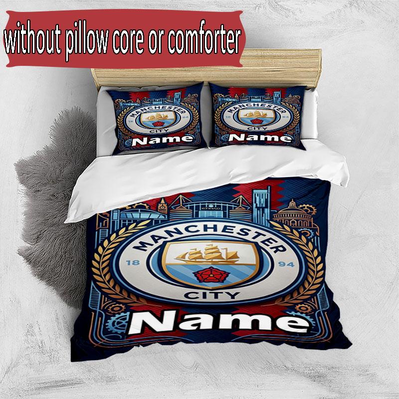 3pcs Duvet Cover Set (1*Duvet Cover + 2*Pillowcase, Without Core), Custom Name Manchester City Pattern Bedding Set, Home Bedroom Decor Gift
