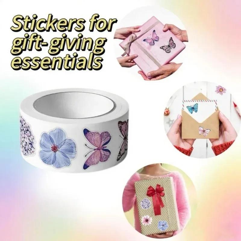 500Pcs/Roll Butterfly Flowers Stickers Stickers Aesthetic Cartoon Sealing Labels Decor Stationery Diary Decoration Decals