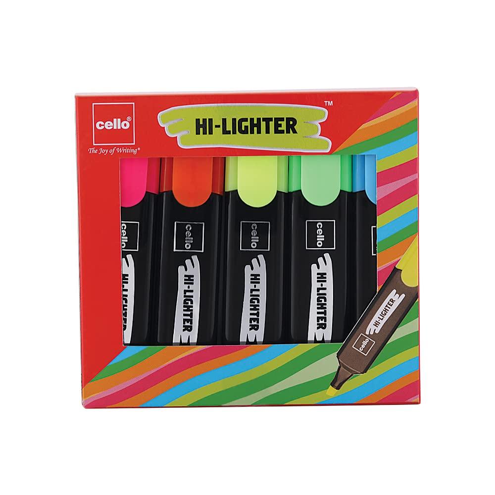 CELLO Highlighter Pack Of 1 X 5 Multicolor Chisel Tip Fluorescent Ink Markers For Office School Study Notes And Documents