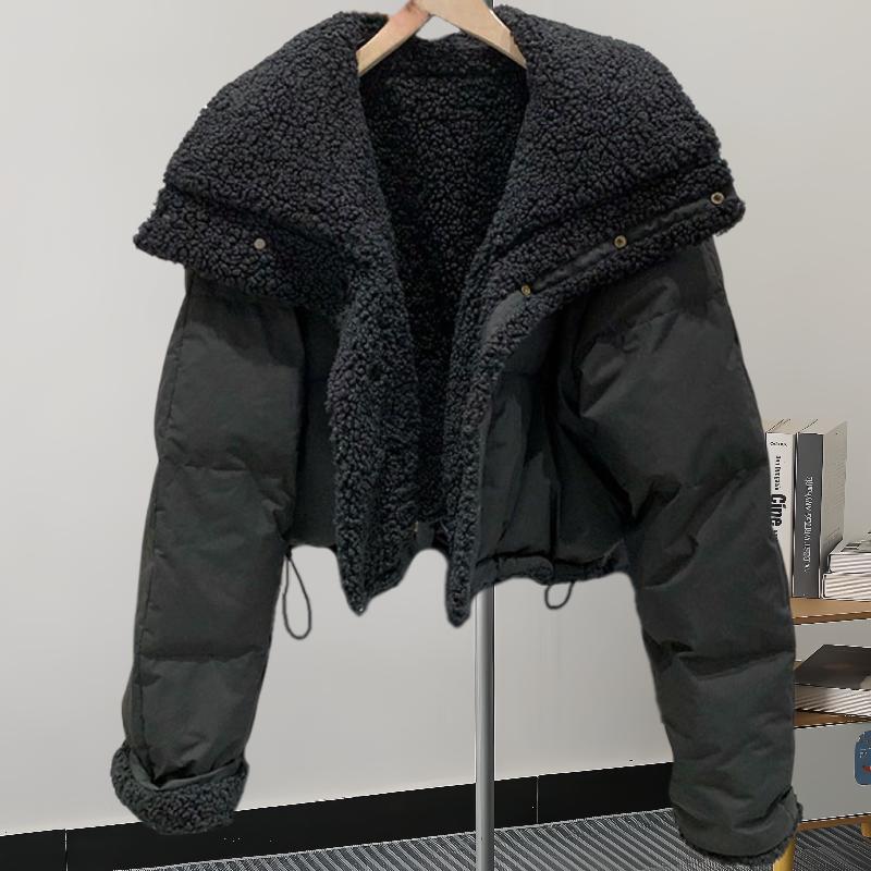 Women's Beige Patchwork Faux Rabbit Fur Parka Coat Warm Fashion Overcoat Harajuku Vintage Padded Coats Winter