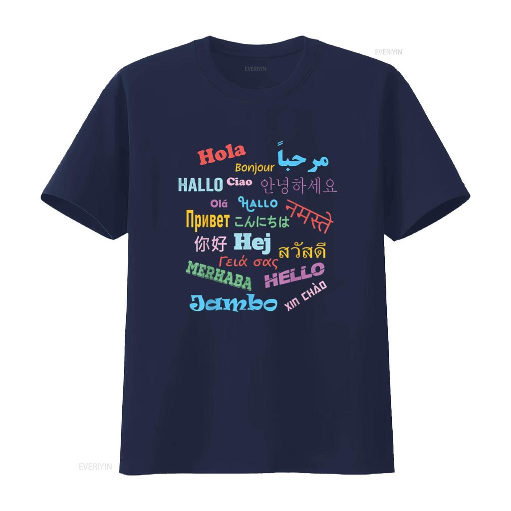 Hello Word In Different Languages Travel and Teacher T Shirt Vintage Washed Casual Soft Streetwear Fashion Stretched Unisex