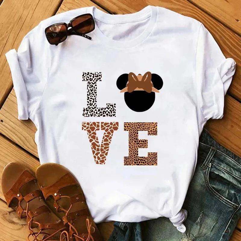 Leopard Love Heart Print Women Fashion T Shirt Black Female Short Sleeve Graphic Tops Women Sleeved Harajuk Streetwear Casual
