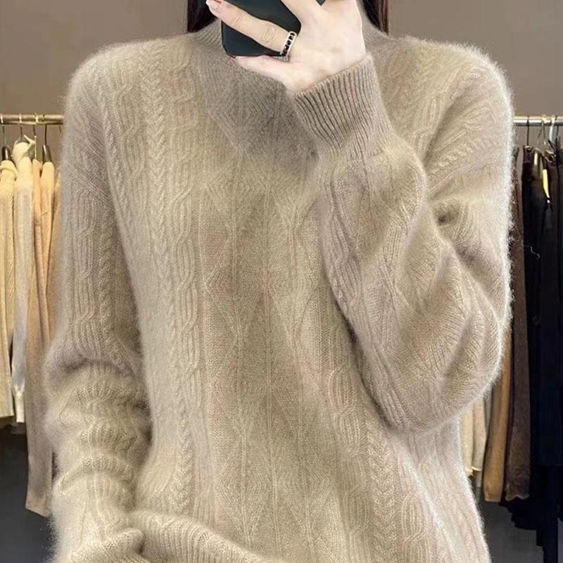 Women's Half-High Collar Cable Knit Wool Sweater - Long Sleeve, Loose Fit, Versatile, Thickened for Autumn and Winter.