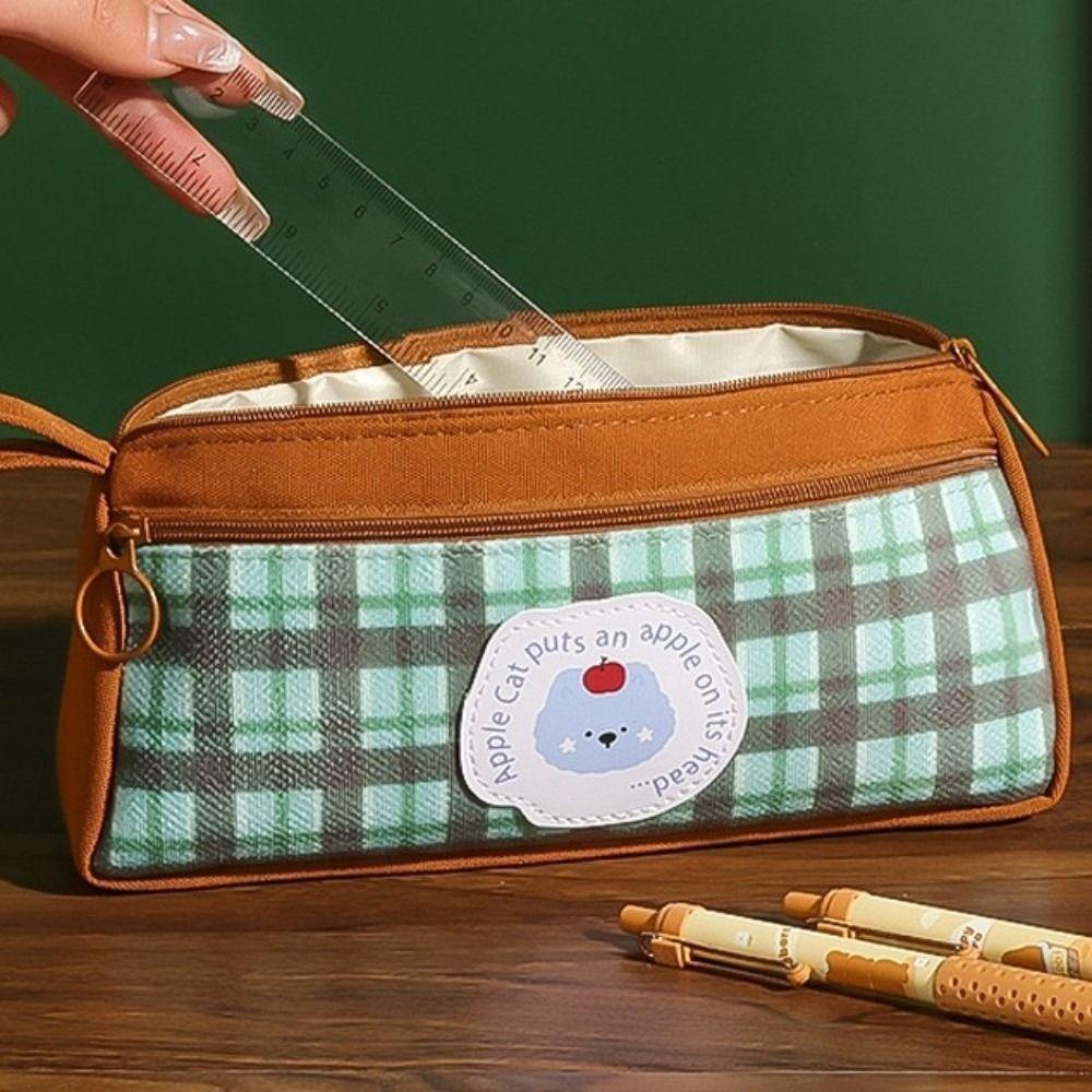 Grid Pattern Retro Grid Stationery Bag Cute Animal Pencil Pouch Vintage Plaid Pen Bag  Student