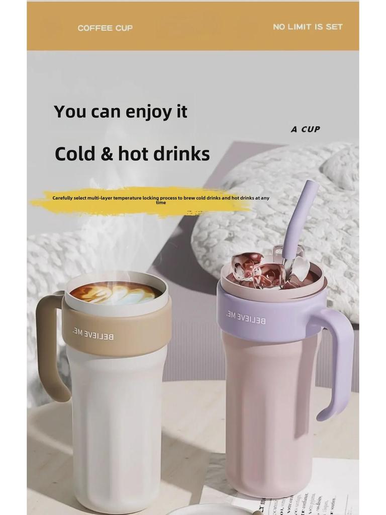 Women's Large-Capacity Stainless Steel Thermos with Handle and Straw