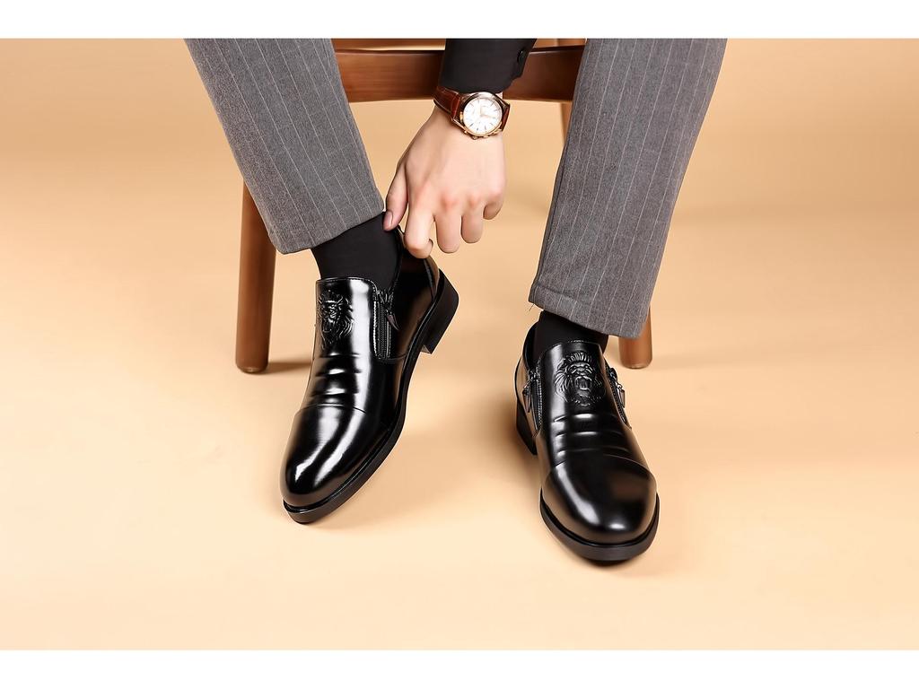 Men's Autumn/Winter Business Casual Leather Shoes with Lion Head Zipper – High & Low Top, Pointed Style