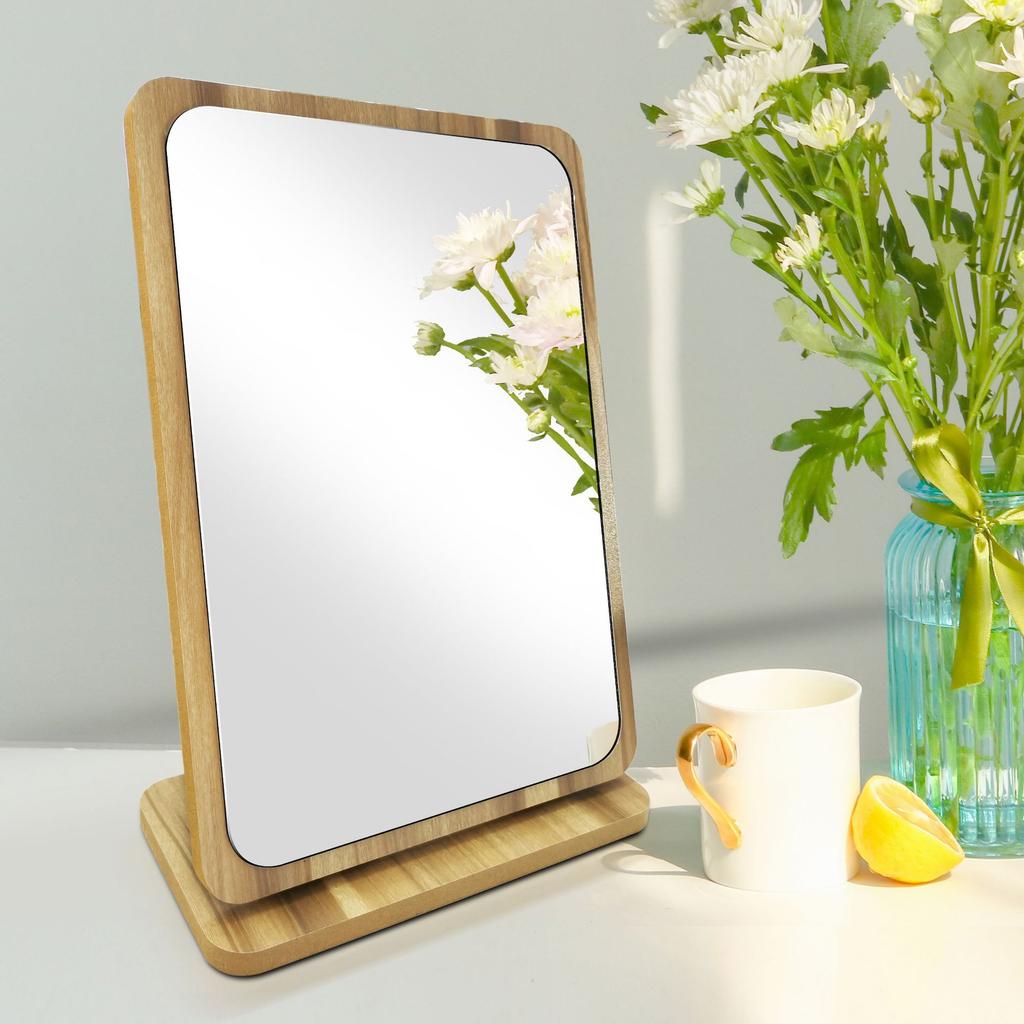 Wooden Desk Mirror Swivel Single-Sided Makeup Table Mirror, Portable Removable Countertop Private Room High-Definition Make Up