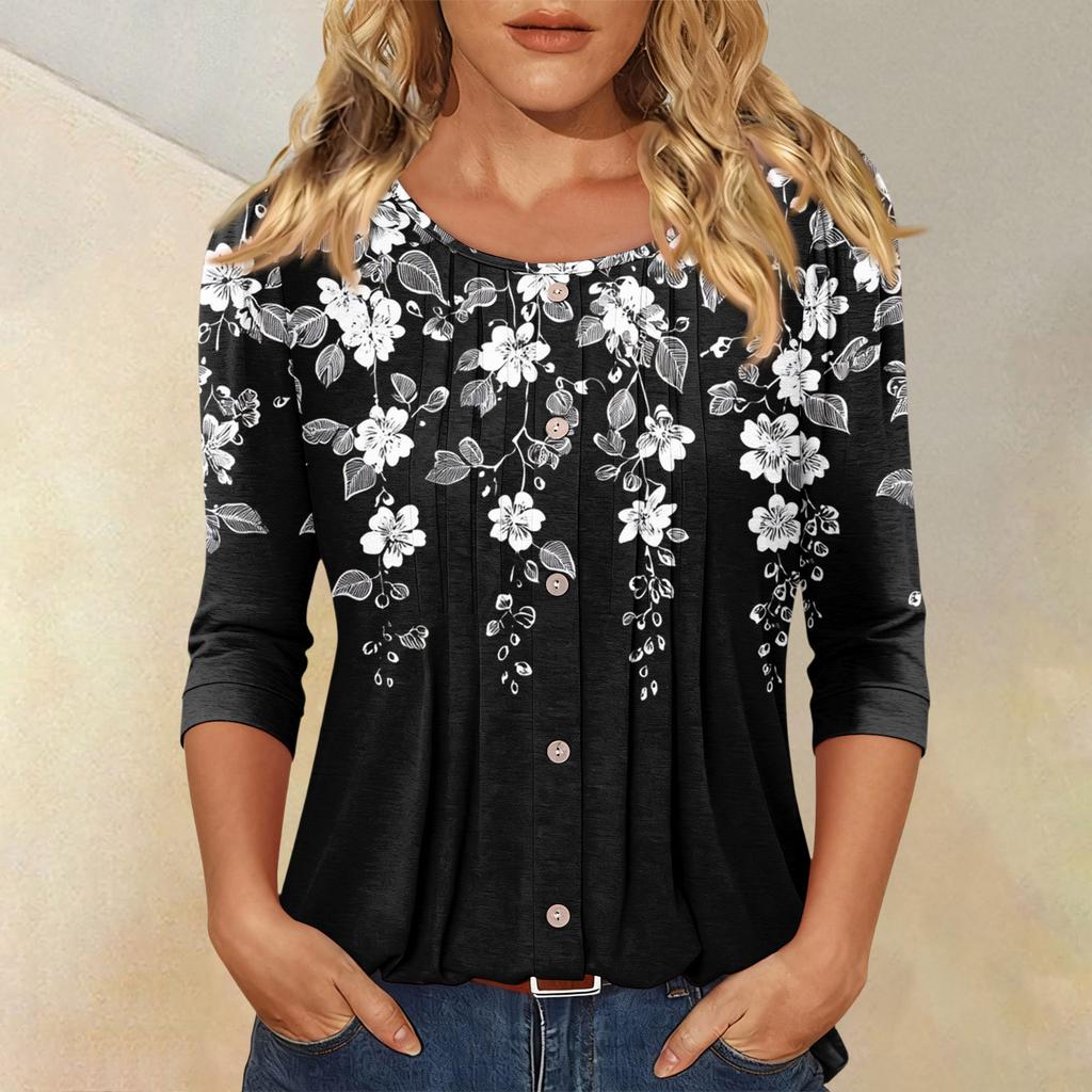 Damen Modisches Lässiges Dreiviertelarm Knopfleisten Oberteil mit Blumenmuster und Rundhalsausschnitt