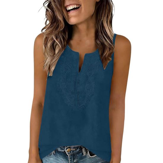 Women Vest V Neck Lace Front Sleeveless Tunic Tops Pure Color Loose Fit Breathable Summer Tops Casual Work Travel