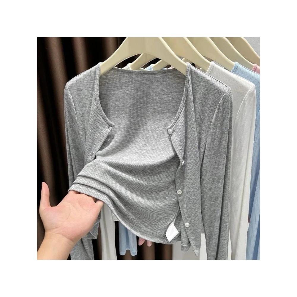 Women Grey Ribbed Thin Cardigan Shawl, Lightweight Sun Protection Air Conditioner Coat Office Summer Outerwear Cover Up