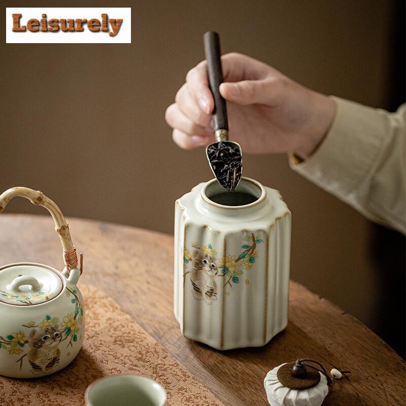 400ml Cream Ru Kiln Cute Cat Tea Box Organizer Moisture-proof Luxury Storage Tank Containers Tea Caddy Chinese Tea Set Ornaments