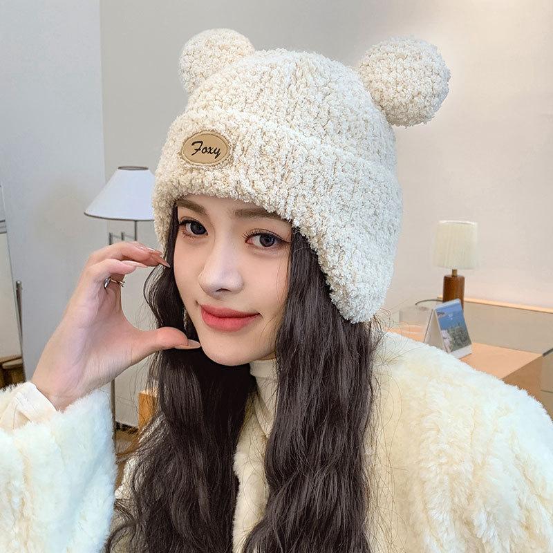 Cartoon bear plush thread warm hat women winter pullover ear protector knitted hat trendy face small cycling hat
