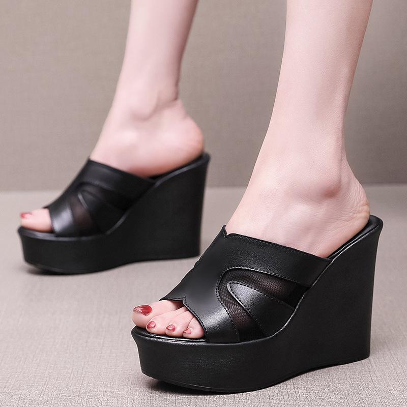 Fashion Outside Wear Slope Heel Shoes Summer Platform Hollow High Heel Fish Mouth Mesh Slippers Large Size Casual Zapatos Mujer