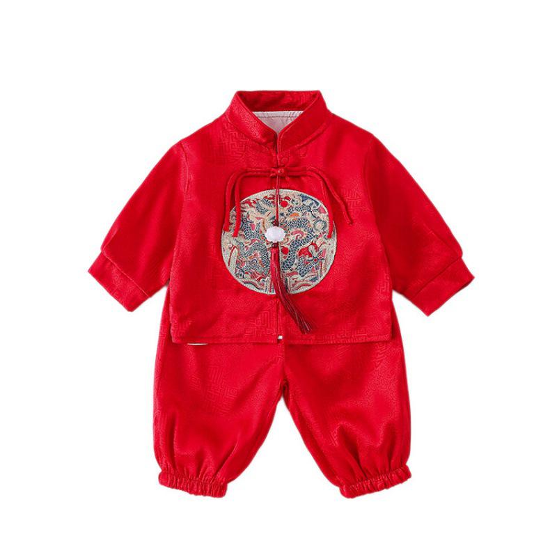 Chinese Style Baby Romper Set: Autumn/Spring Outing Outfit for Boys - Perfect for First Birthday, Full Moon, or Hundred Days Celebration.
