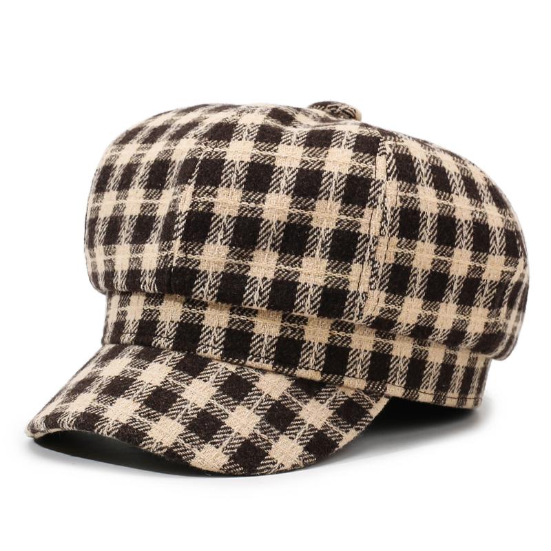 British Retro Women's Octagonal Hat, Fashionable and Versatile Checkered Beret