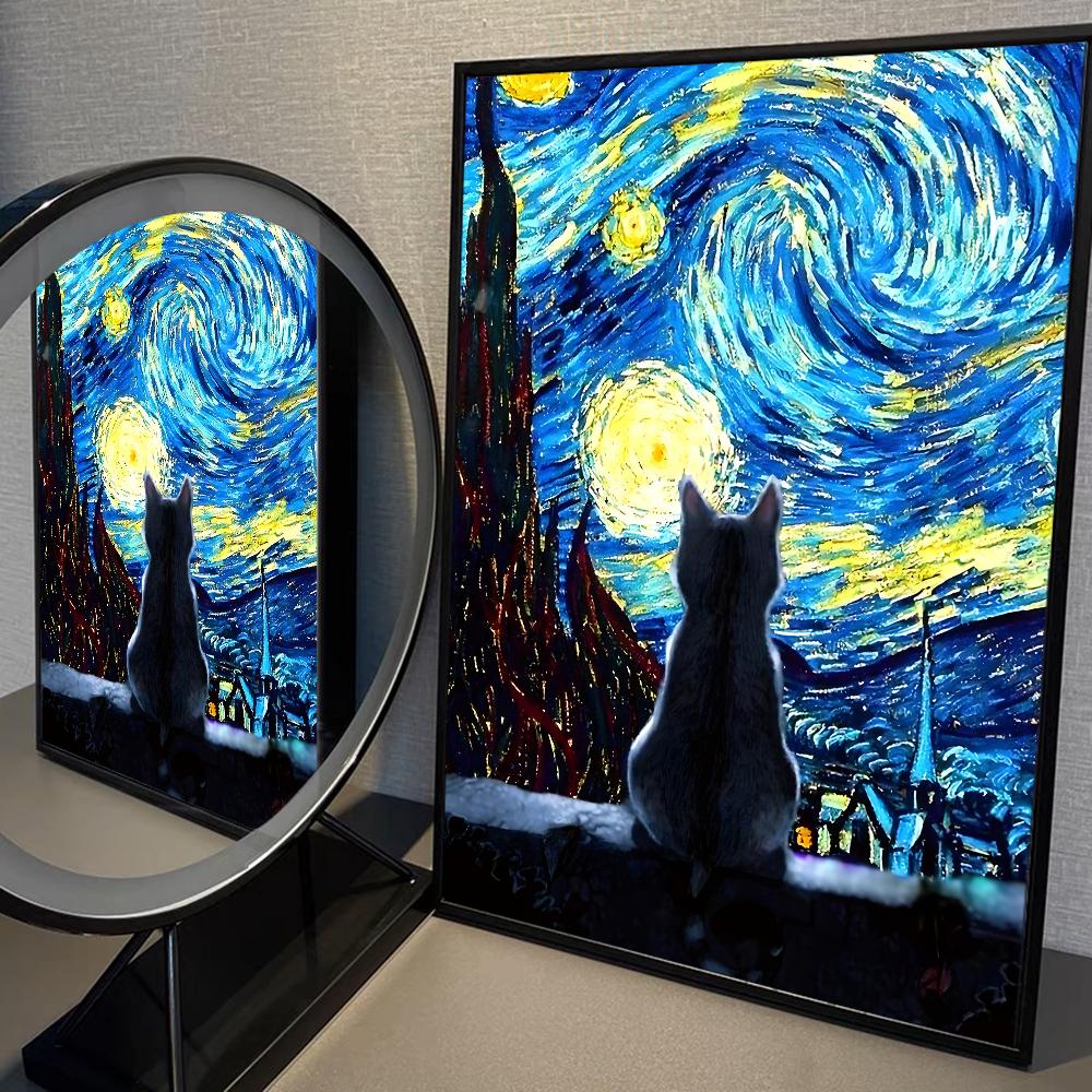 Van Gogh The Starry Night Romantic Black Cat WhitePaper Poster Sticker for Living Room Bar Decorants Aesthetic Art Wall Painting